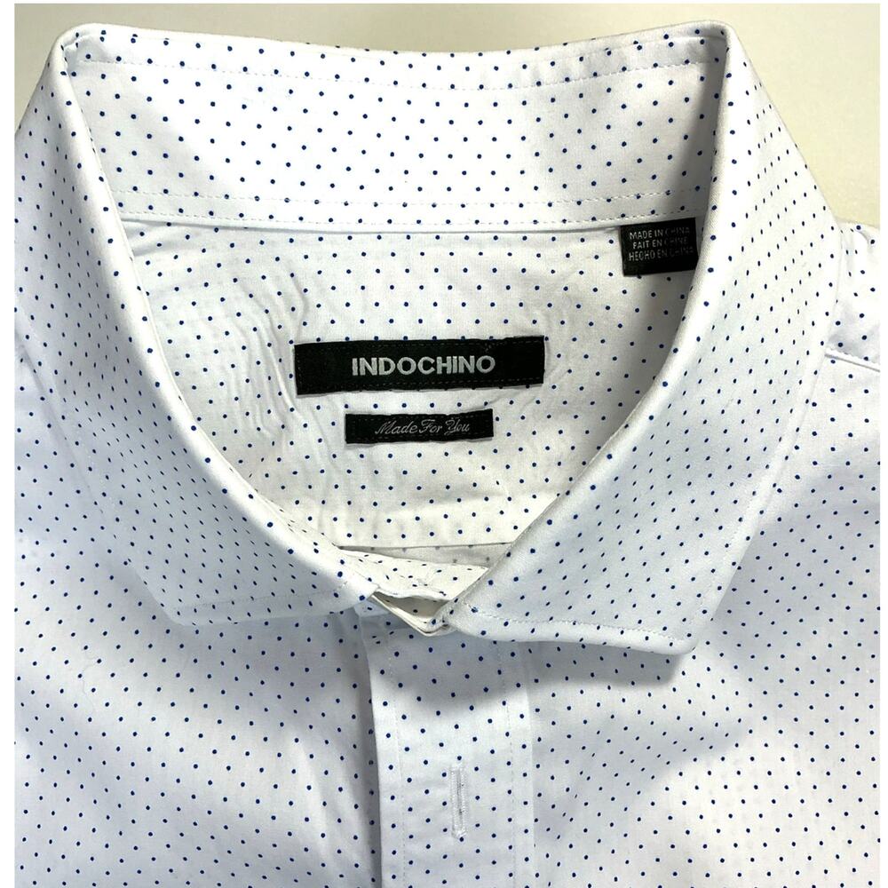 Indochino Custom Dress Shirt 2XL White Blue Polka Dot Micro Print Business EUC
